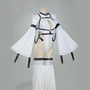 White Gothic Bodysuit: Leather Harness, Chain Rave Costume