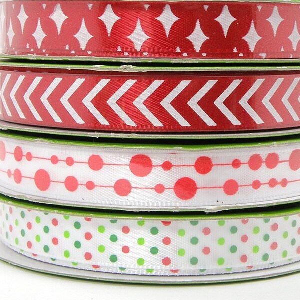 3/8 inch Adhesive Christmas Ribbon, 3 yards, Red and White Holiday Ribbon, Polka Dot Ribbon, Chevron Ribbon, Red and Green Spotted Ribbon