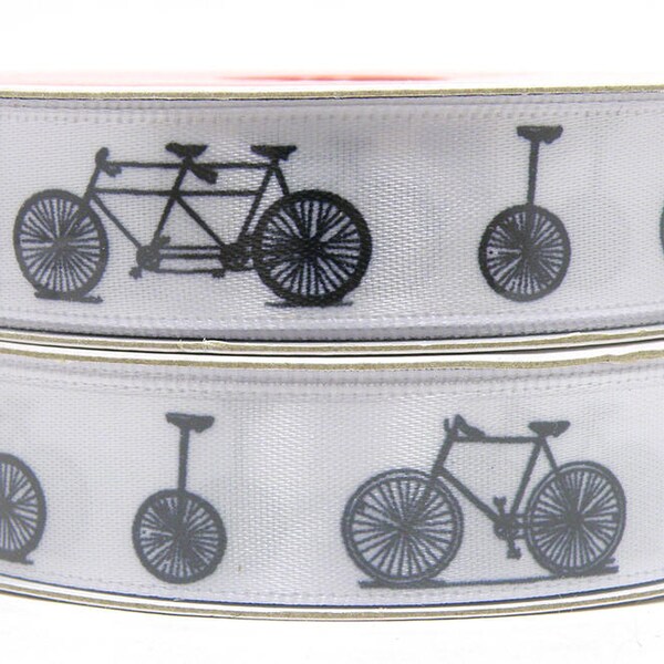 5/8 inch Black and White Bicycle Ribbon, White Ribbon with Bicycles and Unicycles, Bicycle Built for Two, Black Bicycle Print, 3 yard roll