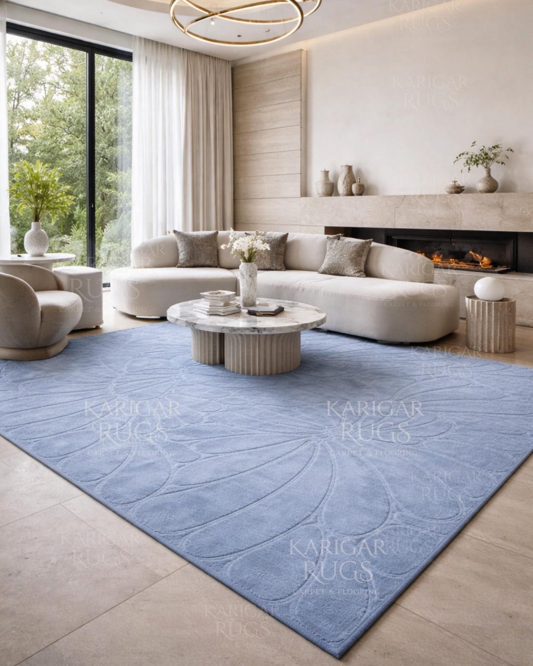 Hand Tufted Wool Rug, Dusty Blue Floral Area Rug, Modern Embossed ...