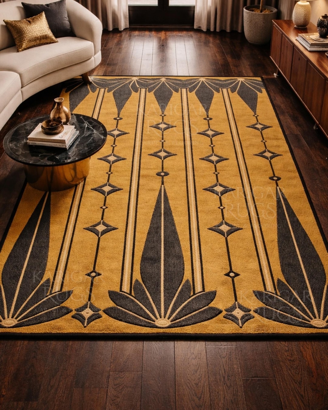 Art Deco Gold Area Rug, Geometric Black Yellow Rug, Modern Statement ...