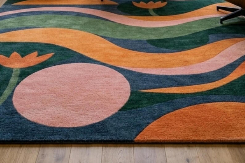 Hand Tufted Abstract Wool Rug, Modern Colorful Area Rug, Pink Green ...