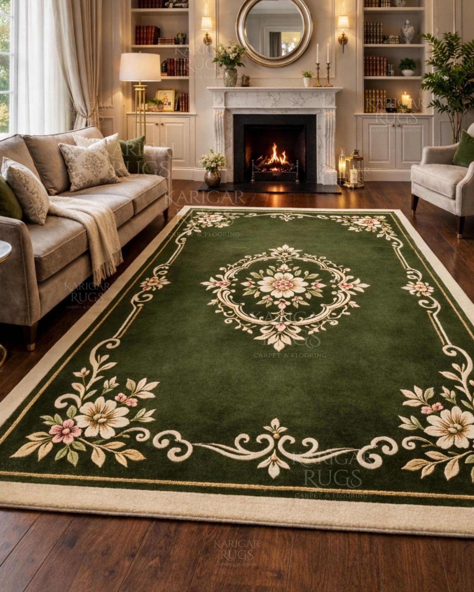 Leafy Handmade Rug Green Floral Hand Tufted Rug, Handmade Wool Area Rug, Vintage Botanical ...