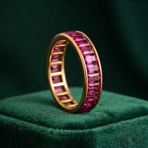 Baguette Ruby Full Eternity Band, 14K Gold Channel Set Stacking Ring, Red Gemstone Wedding Band, July Birthstone Art Deco Ring Gift for Her