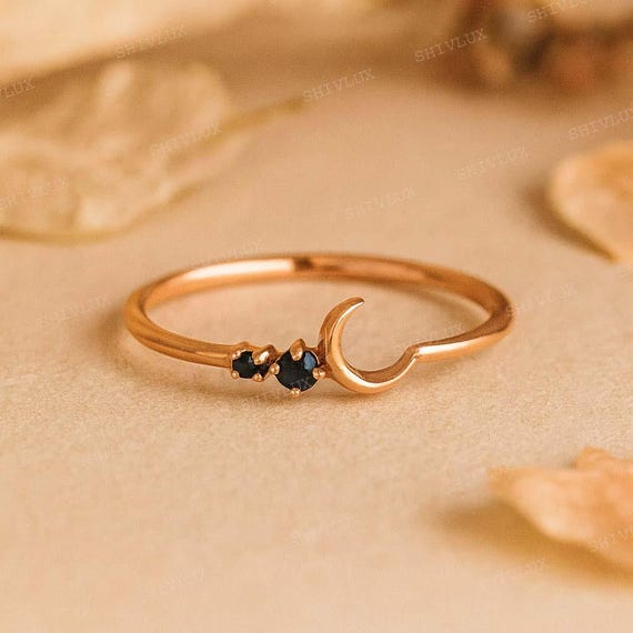 Dainty Black Onyx Diamond Crescent Moon Ring in Rose Gold | Celestial Stacking Ring, Minimalist Promise Ring for Her | Witchy Jewelry Gift