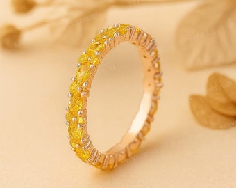 Anillo de eternidad de citrino / Anillo de oro con piedra preciosa amarilla / Anillo de bodas apilable y delicado para mujer.