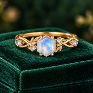 Può includere: Un anello in oro con una pietra di luna esagonale centrale, affiancata da pietre di luna rotonde più piccole e dettagli metallici a forma di foglia lungo la fascia. Il design presenta una delicata struttura a intreccio di viticci.