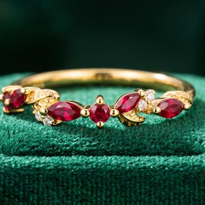 Vintage Marquise Ruby Wedding Band Gold Leaf Ruby Ring Unique Art Deco Stacking Ring July Birthstone Promise Ring Delicate Floral Jewelry
