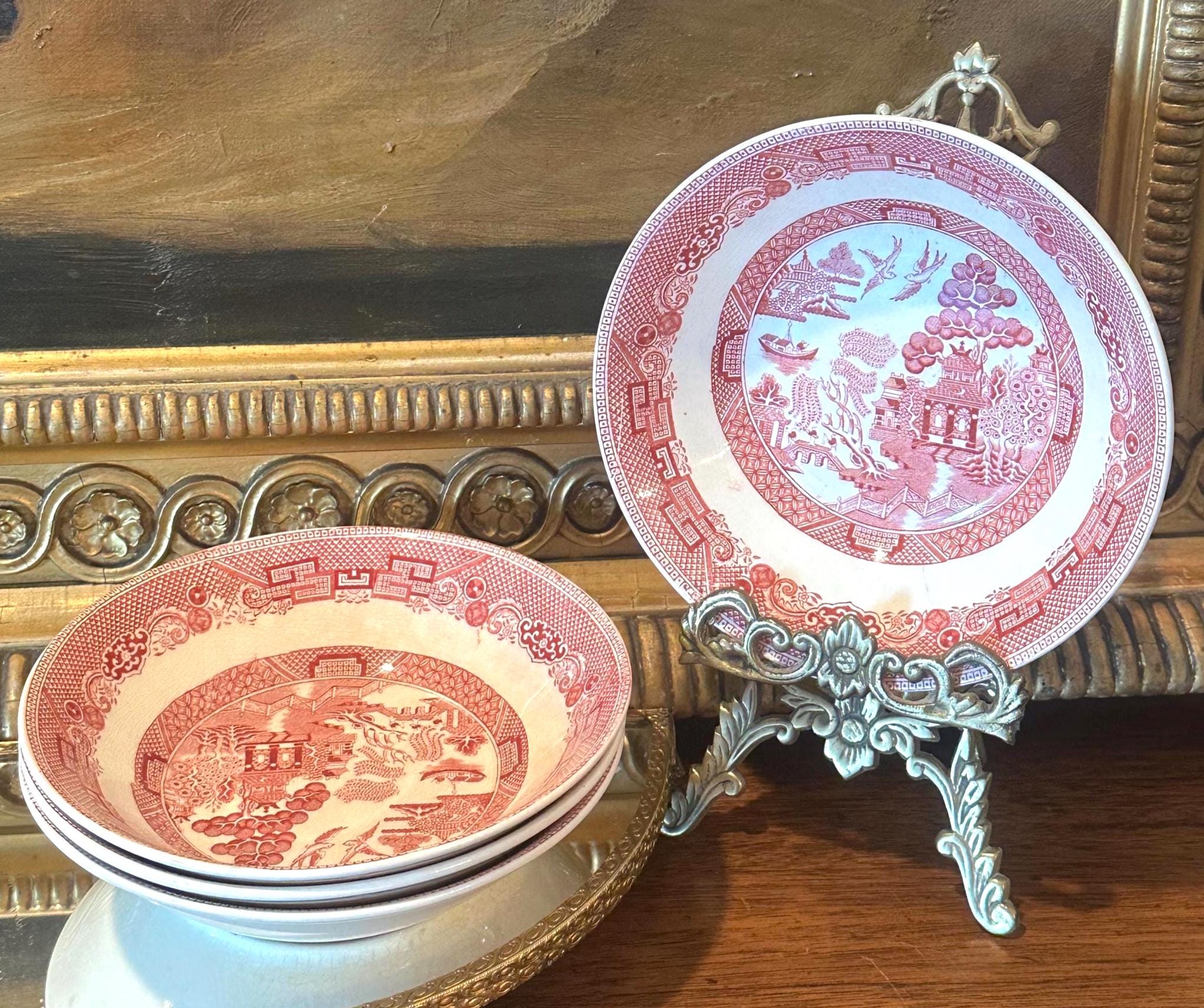 mandarinピンクウィロー　皿+カップ＆ソーサー　アンティーク　希少 Red Willow China Set - Etsy