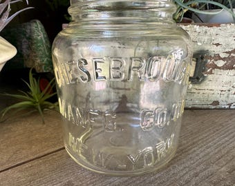 Vintage vaseline glazen pot Cheeseborough NY reliëf apothekersopslag (geen deksel)