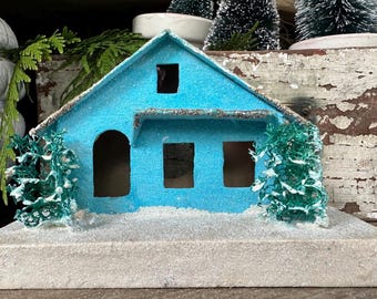 Vintage Large Blue Putz House – Made in Japan – Christmas Village Decor
