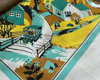 Vintage tafelkleed jaren 40/50 nieuwigheid print tafelkleed land dorpskerk halverwege de eeuw stof