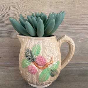 Vintage Japanese Majolica Creamer: Red Berry, Green Leaf Ceramic Pitcher