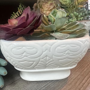 May include: A white ceramic planter with an embossed design, filled with succulents in green, burgundy, and beige. The planter is on a wooden surface. The planter is approximately 20 cm wide.