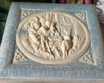 Vintage Light Blue Incolay Stone Jewelry Box: Romantic Scene Keepsake