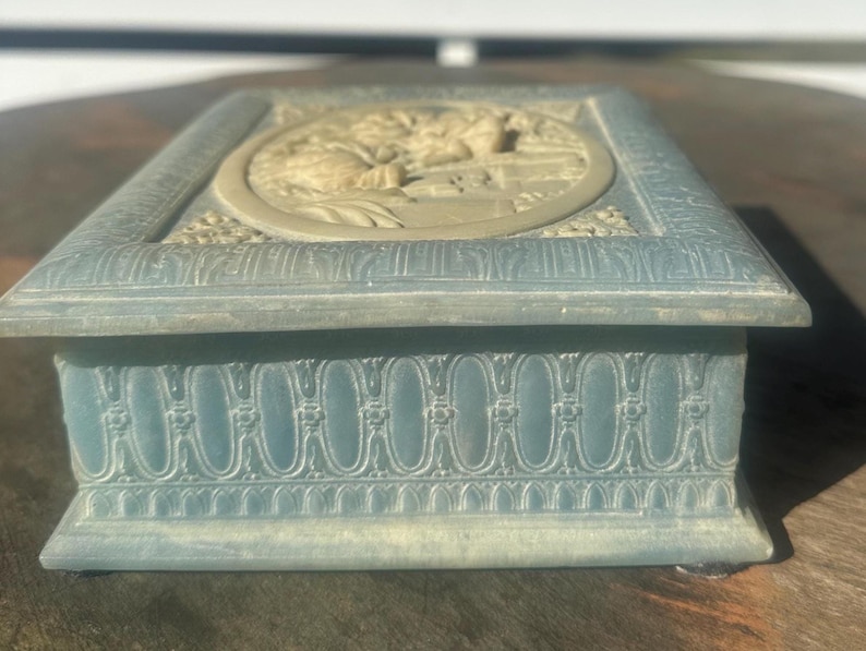 Vintage Light Blue Incolay Stone Jewelry Box: Romantic Scene Keepsake ...