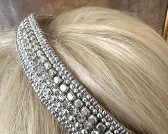 Vintage Silver Beaded  And Rhinestone  Statement Headband, Glam Hair Accessory, Hollywood Regency Style, Evening Wear Hair Band