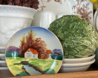 Vintage handbemalte Bauernhaus Mini-Teller, hergestellt in Japan, Cottage-Szene dekorativer Teller