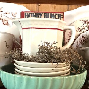May include: A white ceramic pitcher with a red horizontal stripe and a handle, placed behind a stack of small white plates inside a ribbed light green bowl. The pitcher is positioned in front of a book with the text HONEY BUNCH printed on it.