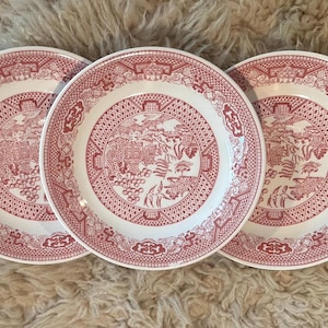 Vintage Red Willow Saucers Set of 3 | Royal China Willow Ware | Red Transferware | Underglaze A53 | Farmhouse Cottage Decor | Made in USA