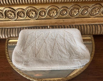 Vintage weiße Perlen Abend-Clutch | Handgemachte Japan Mid Century formelle Handtasche