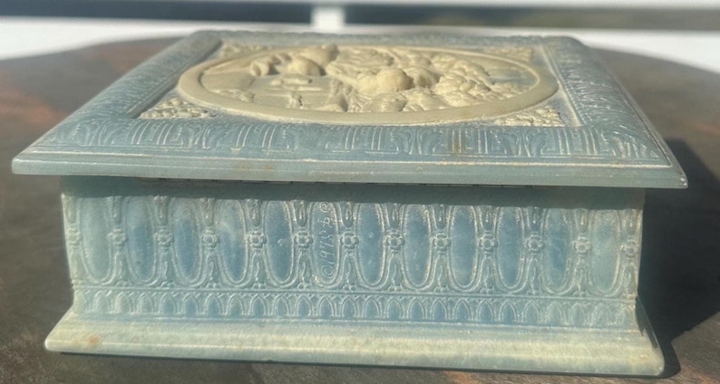 Vintage Light Blue Incolay Stone Jewelry Box: Romantic Scene Keepsake ...