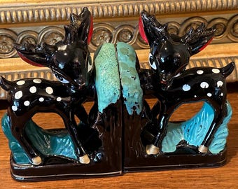 Sujetalibros vintage de ciervo Bambi negro de mediados de siglo, juego de 2, decoración infantil con temática de bosque, sujetalibros de metal fundido, decoración retro para estantes, artículos de colección de ciervos