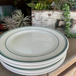 May include: A stack of four white ceramic plates with a green border. The plates are stacked on top of each other, with the top plate in focus. The plates are on a wooden surface, with greenery in the background.