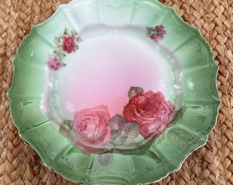 Set of 2 Antique  Hand-Painted Floral Plates, Green with Pink Roses,  Lunch/Dessert