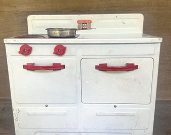 Little Lady-speelgoedkachel uit de jaren 1950 | Vintage metalen keukenset oven | Speelgoedapparaat poppenhuis uit het midden van de eeuw | Retro speelgoedkeukendecoratie