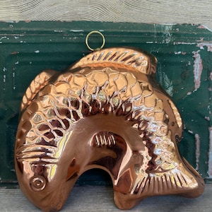 May include: A shiny copper-colored metal fish-shaped mold featuring embossed scale patterns, a defined eye, and fin details. The mold has a circular metal hanging loop attached to the top edge, allowing it to be displayed vertically on a wall.