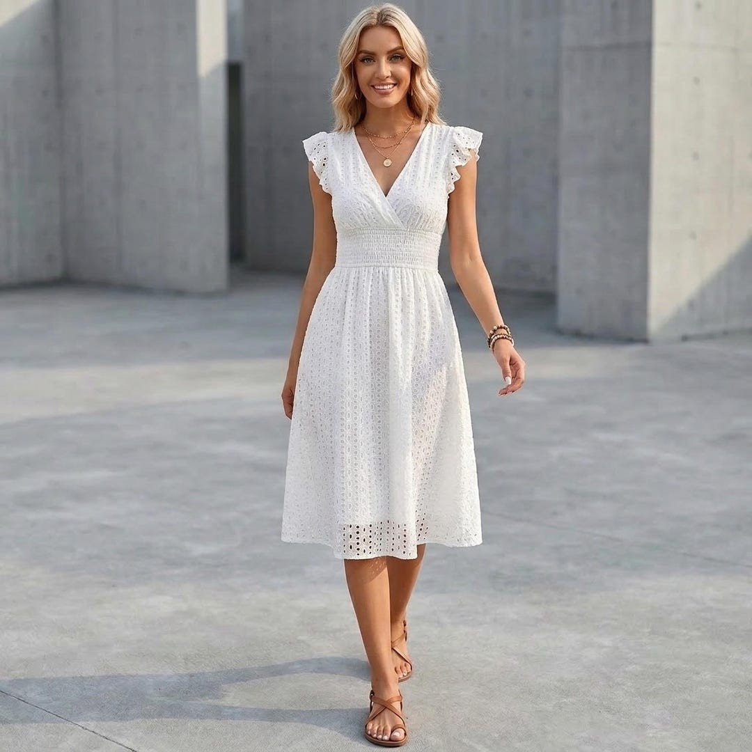 white lace dress Lana Corset Maxi The crew neckline and cap sleeves create a refined AKOEE Off The Shoulder Lace