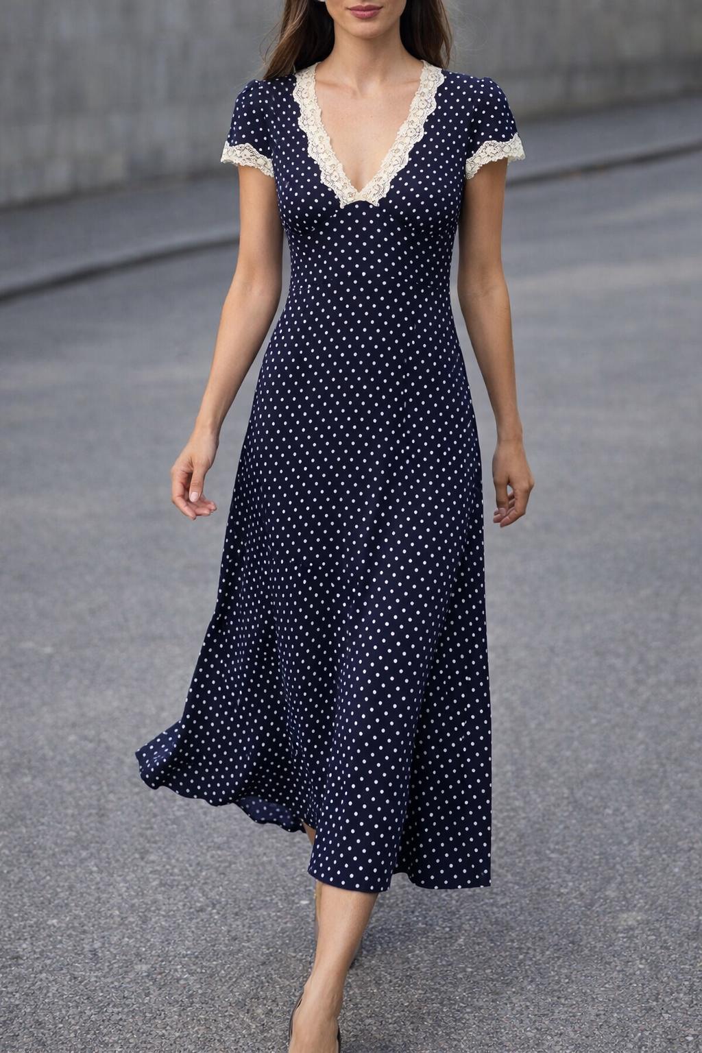 blue polka dot dress outfit Women Navy Blue Polka Dot Dress | Vintage Lace Trim Outfit