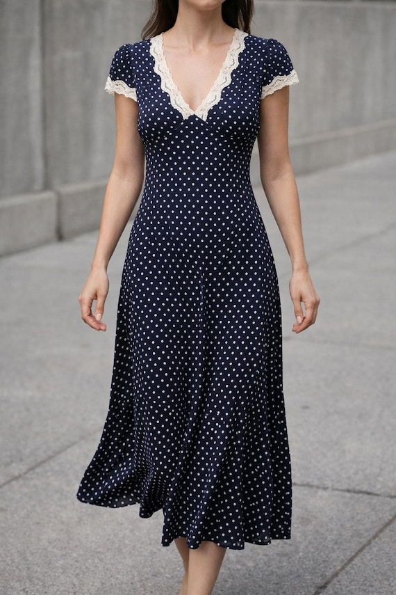 Women Navy Blue Polka Dot Dress | Vintage Lace Trim Outfit | Elegant A Line Maxi Dress Women Navy Blue Polka Dot Dress | Vintage Lace Trim Outfit | Elegant A Line Maxi Dress