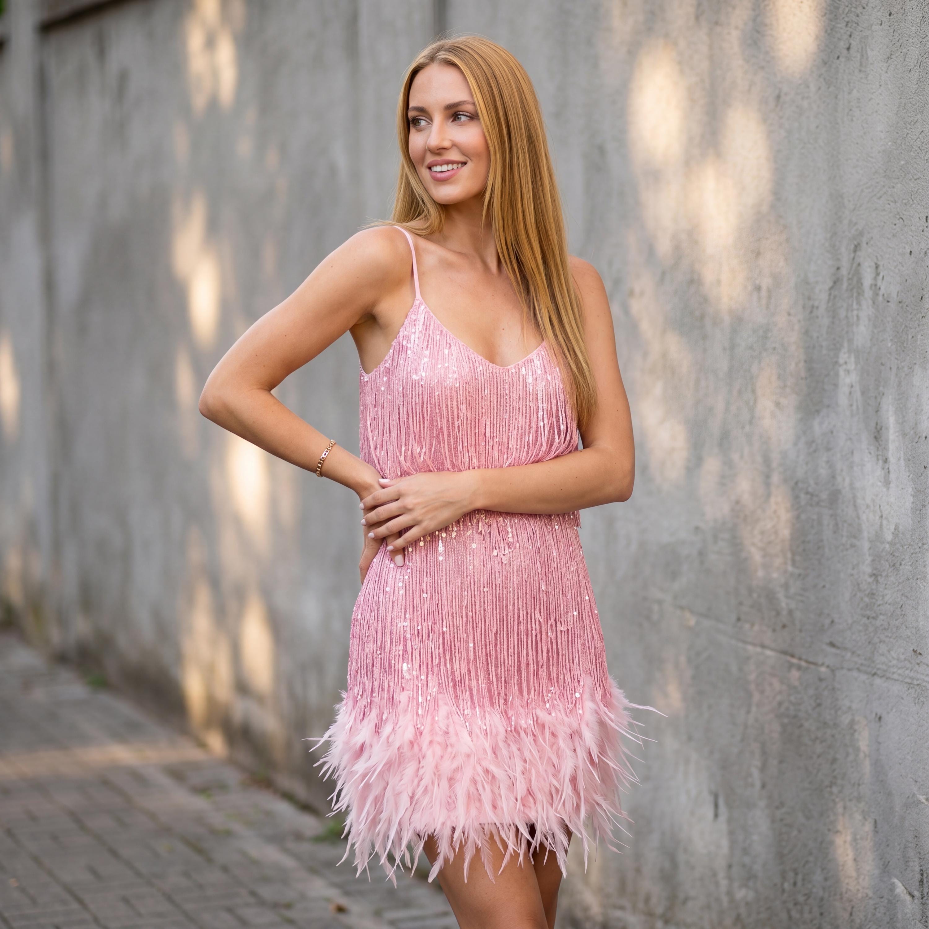 pink glitter fringe dress Jovani 38847 Size 10 Hot Pink Sequin Beaded Fringe Prom Dress Pageant Dress Slit V Neck Formal Gown main image 0