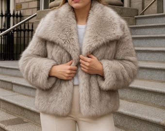 Cropped Faux Fur Jacket: Elegant Lapel Collar Winter Coat