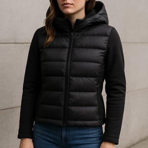 May include: Black hooded jacket featuring a quilted front and smooth sleeves. The jacket has a full-length zip and a hood. The sleeves and sides are a smooth, solid black material. The front of the jacket is quilted with horizontal stitching.
