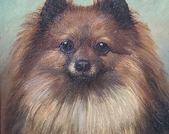 Encantador retrato al óleo antiguo del siglo XIX de un perro Pomerania.