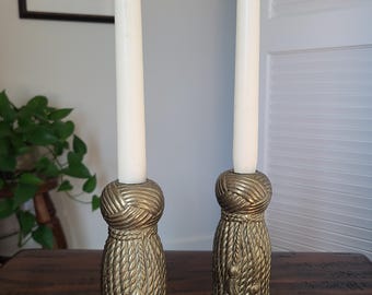 1970's Hollywood Regency Style Rope & Tassel Candle Holders Pair