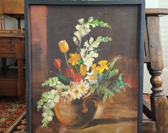 Original Vintage Oil Painting Still Life Flowers in a Vase
