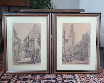 Pair of Antique 1920's French Etchings by Earl Stetson Crawford
