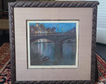 Vintage 1960's Pastel Painting Nocturnal Amsterdam Cityscape & Canals Scene