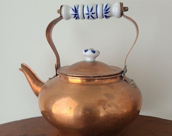 Vintage Copper Kettle Teapot With Cobalt Porcelain Handle & Knob