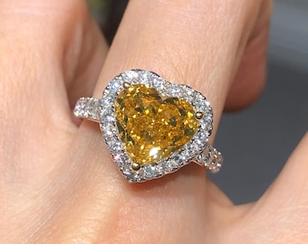 Vivid Yellow Heart Lab Diamond Engagement Ring, 3.01ct IGI Certified, 14k Gold Bridal Ring