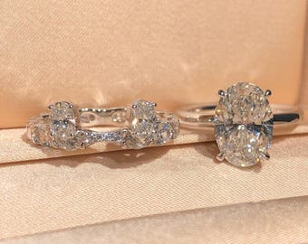 3 kt ovale, in het lab gekweekte diamanten verborgen halo verlovingsring set, 14 kt massief goud