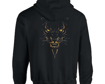 May include: Black hooded sweatshirt with a gold tiger design on the back. The tiger graphic has detailed lines and glowing yellow eyes. The hoodie has a drawstring and a front pocket.