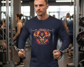 Strongman Lion Workout Long Sleeve Tee, Motivational Fitness Shirt