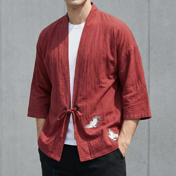 Men Kimono Style Jacket | Lightweight Open Front Outerwear | Elegant Relaxed Casual Layer