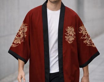 Japanese Dragon Kimono | Lightweight Summer Yukata Graphic Robe | Men's Casual Cosplay Wear