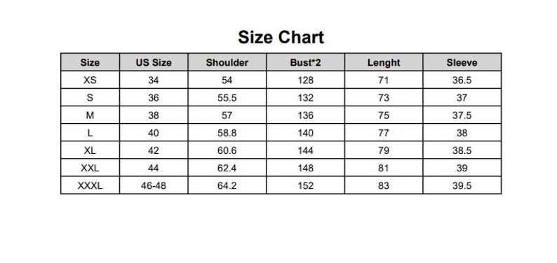 May include: A white size chart with black text. The chart includes measurements for size, US size, shoulder, bust, length, and sleeve. Sizes range from XS to XXXL, with measurements in inches.